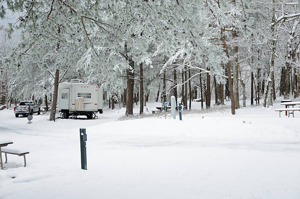 istock Winter camping in rv fifth wheel 451800077