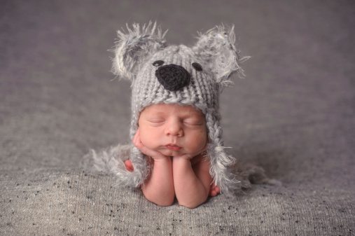 A Sleeping Newborn wearing a knit koala hat.