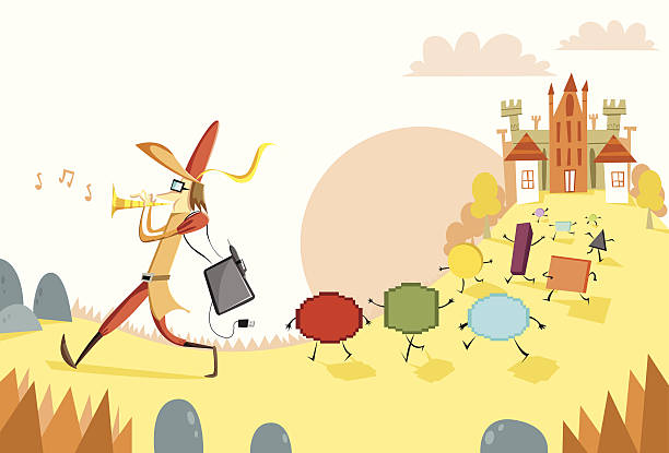 Graphic designer as the Pied Piper of Hamelin Illustration of a graphic designer/ artist/ digital artist/ illustrator dressed as the Pied Piper of Hamelin carrying a graphics tablet/ pen tablet/ graphic pen, playing a flute, with pixels, shapes and colors following him. A spoof on the German folk story, The Pied Piper of Hamelin. Can be used to depict creativity, design, fun in websites and multimedia. book dedication stock illustrations