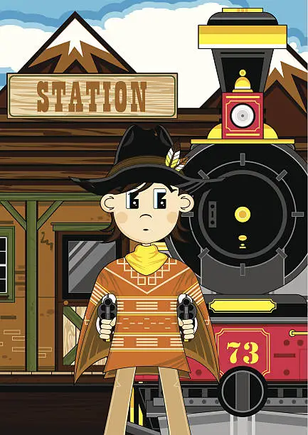 Vector illustration of Poncho Cowboy at Train Station