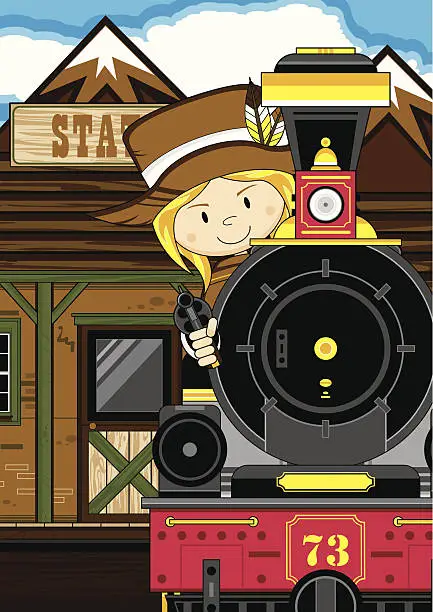 Vector illustration of Cartoon Cowgirl at Train Station