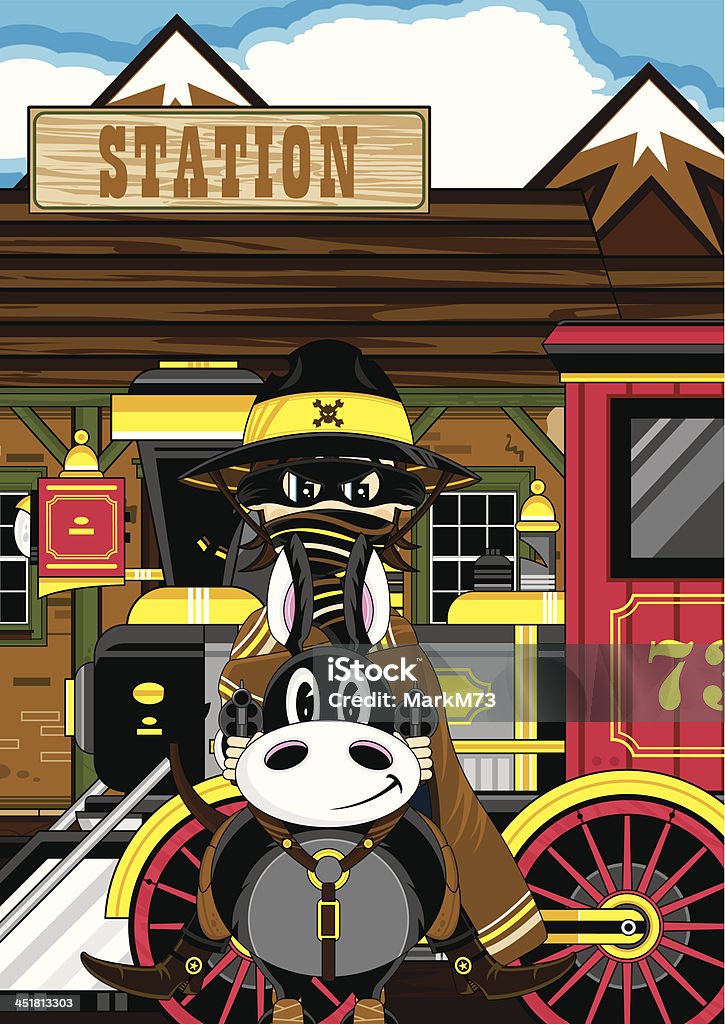 Cow-boy sur un cheval à la Station - clipart vectoriel de Cartoon libre de droits