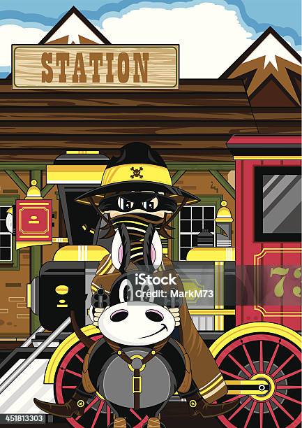 Cowboy Sur Un Cheval À La Station Vecteurs libres de droits et plus d'images vectorielles de Cartoon - Cartoon, Arme à feu, As de la gâchette