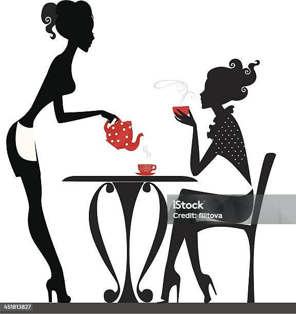 Silhouette Von Zwei Mädchen Trinken Tee Stock Vektor Art und mehr Bilder von Nachmittagstee - Nachmittagstee, Frauen, Tee - Warmes Getränk