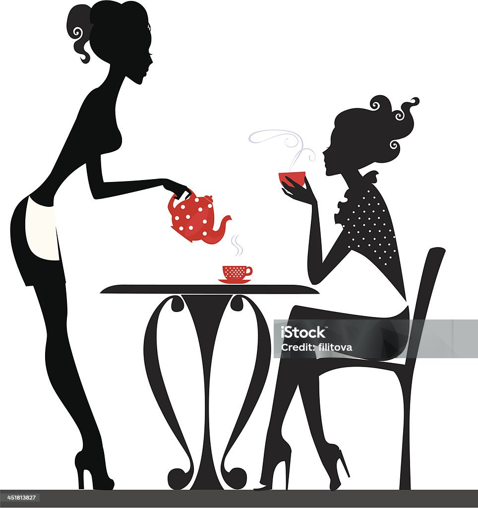 silhouette de deux filles boire du thé - clipart vectoriel de Heure du thé libre de droits