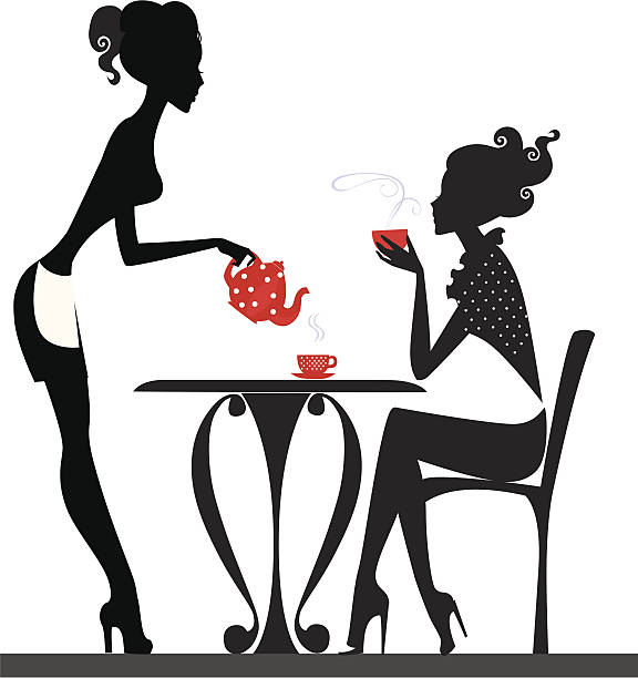 silhouette of a two girls drink tea vector art illustration