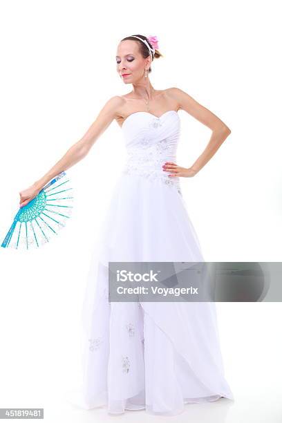 Wedding Day Romantic Bride In White Dress Fan Isolated Stock Photo - Download Image Now