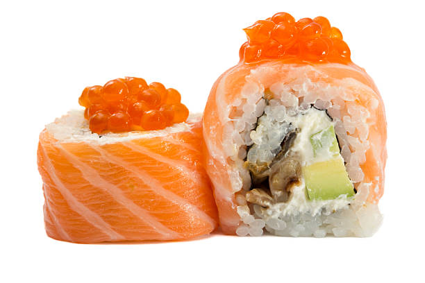 istock salmon sushi roll with caviar isolated on white background 451838225