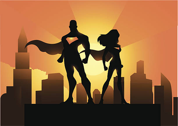 illustrations, cliparts, dessins animés et icônes de super-héros de couple dans la ville - superhero human muscle men city