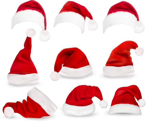 stockillustraties, clipart, cartoons en iconen met collection of red santa hats. vector. - kerstmuts