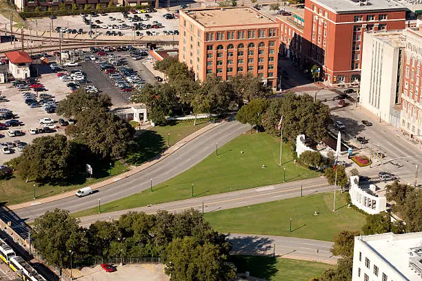 Aerial view of Dealey Plaza and the former Texas School Book Depository building in the historic West End district of downtown Dallas, Texas (U.S.), is the location of the assassination of President John F. Kennedy on November 22, 1963.  (Main Street, Elm Street, and Commerce Street)