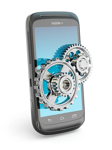 istock Settings of mobile phone. Gears on the screen. 451855539