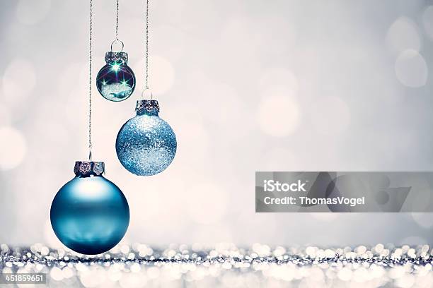 Three Blue Christmas Baubles With White Background Stock Photo - Download Image Now - Christmas Ornament, Blue, Christmas