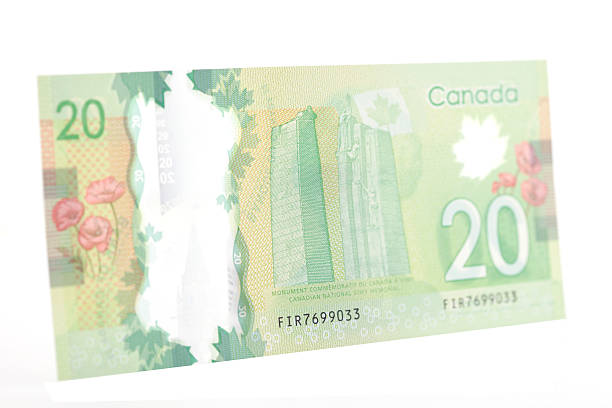 New Polymer Canadian Twenty Dollar Bill - Back Angle back of the new Canadian 20 dollar bill, released into circulation Nov 7th 2012. Made from a polymer of biaxially-oriented polypropylene (BOPP) it makes the bills more durable and harder to counterfeit. The back depicts the Canadian National Vimy Memorial to pay tribute to the Canadians the fought in WW1. canadian culture stock pictures, royalty-free photos & images