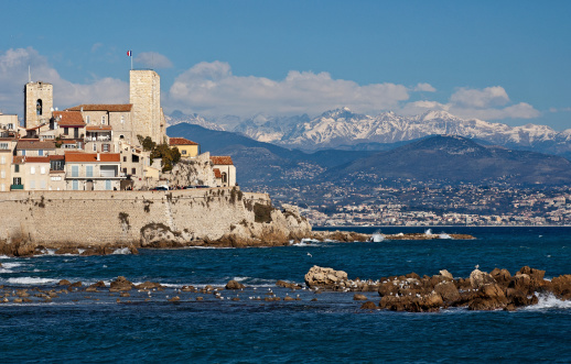 View of Antibes in Winter with the snow laden Alps as a background
