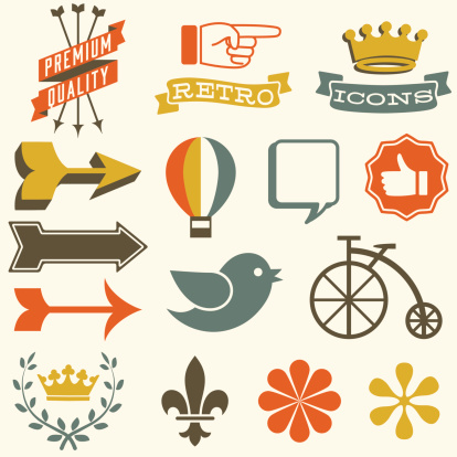 Set of retro themed icons.  Each icon is grouped separately and colors are global for easy editing. 