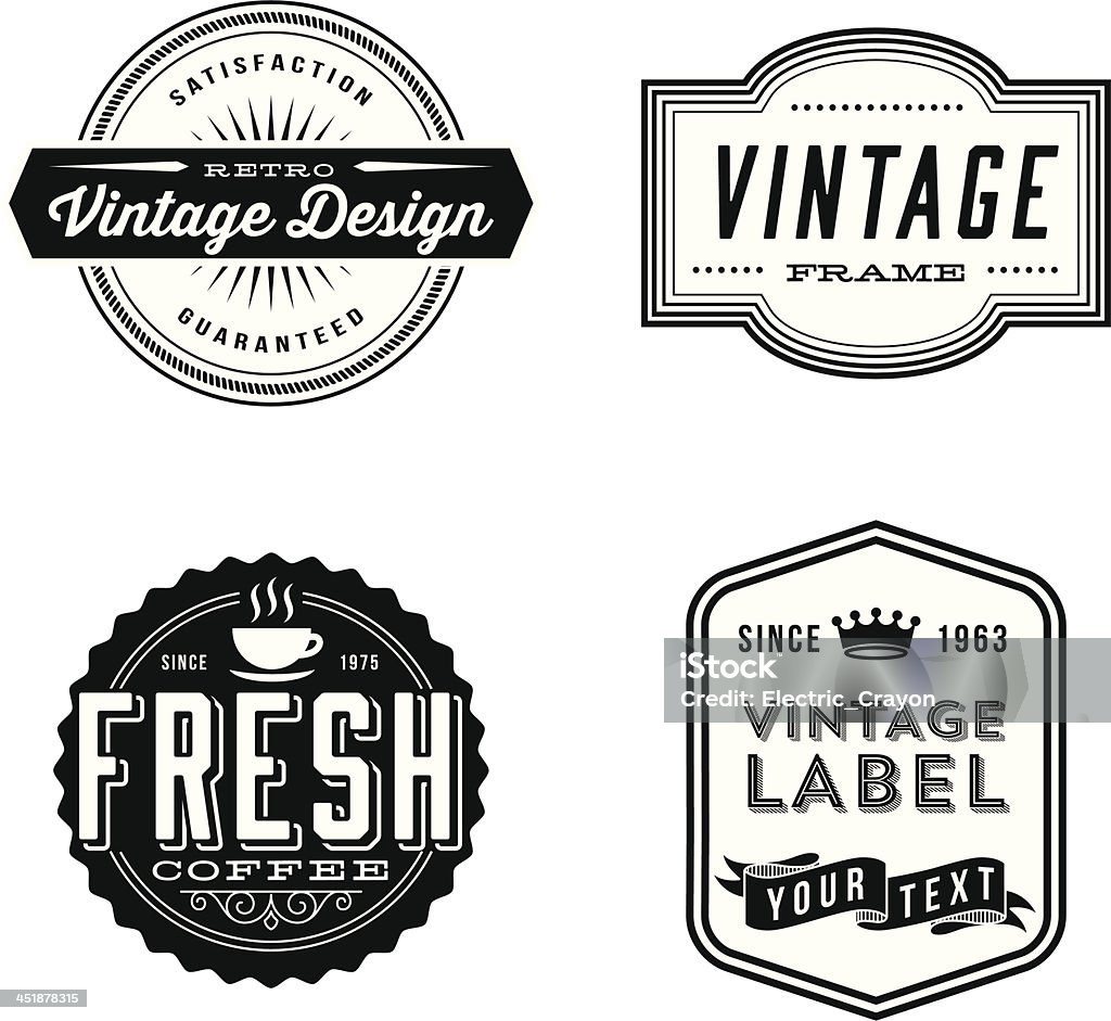 Vintage Label Designs Set of vintage labels and design elements. Each design is grouped for easy editing.  Download includes zipped AI file with unexpanded text which can be edited. Badge stock vector