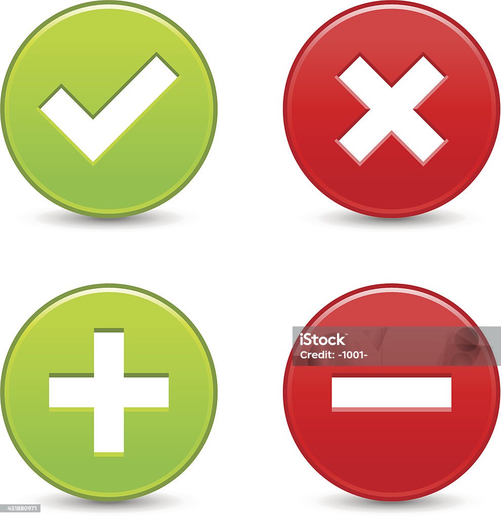 Validation icon circle button plus minus check mark delete sign Green and red color web buttons with check mark, delete, plus and minus signs. Satined round shape icon with gray drop shadow on white background. OK Button stock vector