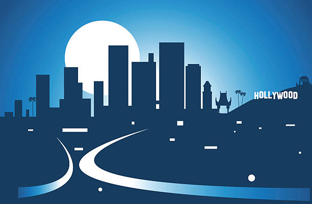 Illustration of Los Angeles skyline at night Los Angeles Skyline hollywood stock illustrations