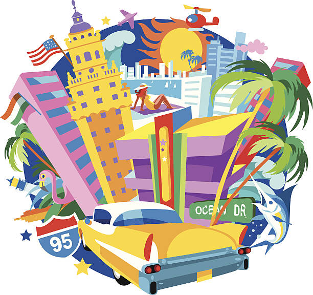 ilustraciones, imágenes clip art, dibujos animados e iconos de stock de de miami - miami beach