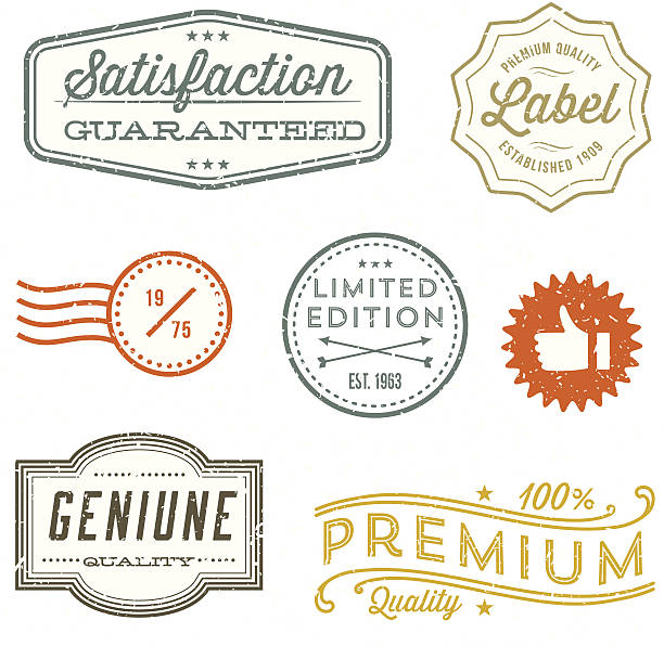 Vintage Stamp Designs Set of vintage stamps and label designs. Each element is grouped and colors are global for easy editing.  Texture can be removed.  Download includes zipped AI file with unexpanded text which can be edited. dingbat stock illustrations