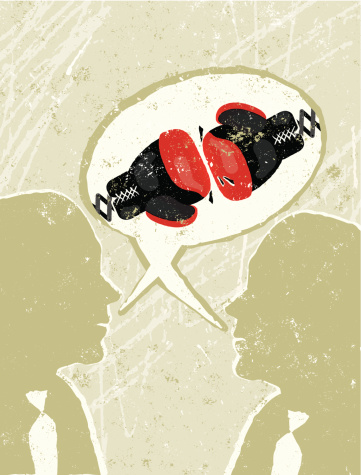 Fighting talk! A stylized vector cartoon of two businessman with a speech bubble and boxing gloves, reminiscent of an old screen print poster and suggesting communication, competition, rivalry, aggression, fighting or enemies. Bubble, Men, gloves,paper texture and background are on different layers for easy editing. Please note: clipping paths have been used,  an eps version is included without the path.