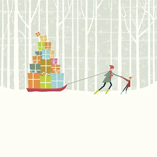 Vector illustration of Christmas gifts pulled through snowy woods on sledge