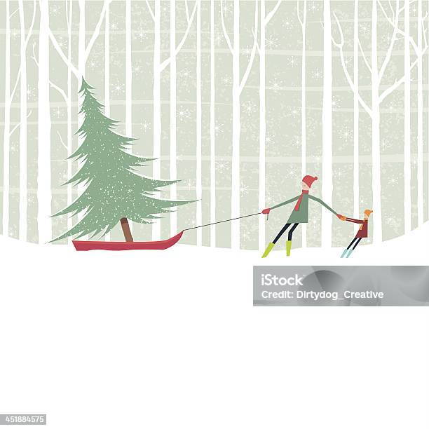 Christmas Tree Pulled On Sledge Through Forest Stock Illustration - Download Image Now - Christmas, Christmas Card, Illustration