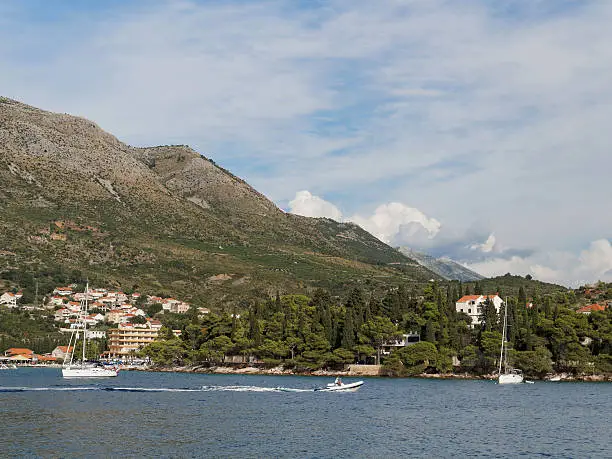 Cavtat, Croatia, mountains and Zal beach in Tiha bay