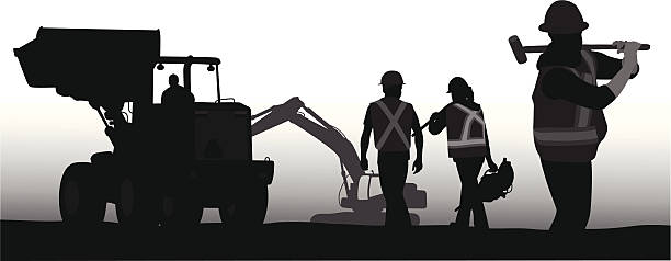 ilustraciones, imágenes clip art, dibujos animados e iconos de stock de constructors - construction worker silhouette people construction