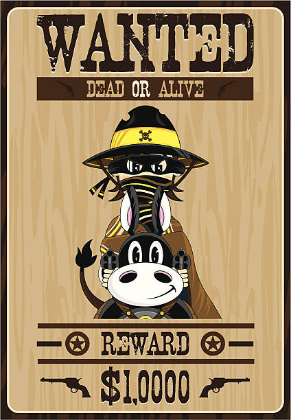 illustrazioni stock, clip art, cartoni animati e icone di tendenza di cowboy su cavallo poster outlaw - wanted poster wild west poster law