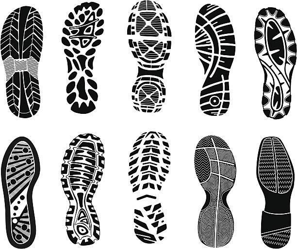 Vector set of shoe tracks Collection of highly detailed foot prints: sneakers stock illustrations