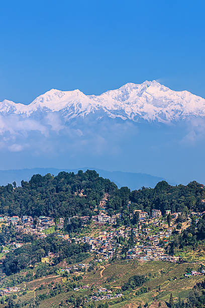 Panoramic view of Darjeeling with mount Kanchengjunga in the background Panoramic view of Darjeeling with mount Kanchengjunga in the background. Kangchenjunga is the third highest mountain in the world, with an elevation of 8,586 m and located along the India-Nepal border in the Himalayas. darjeeling stock pictures, royalty-free photos & images