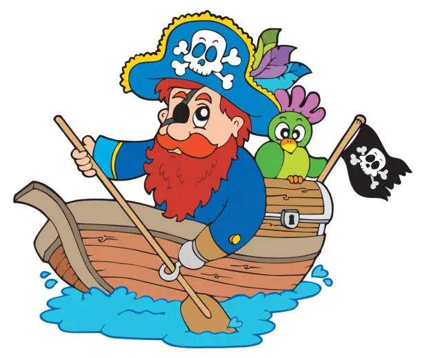 Vector illustration of Pirate with parrot paddling in boat