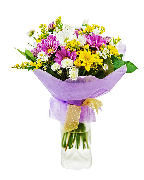 istock Colorful bouquet from gerberas in glass vase isolated on white 451923627