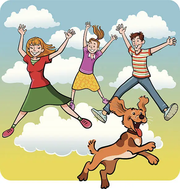 Vector illustration of Family and Their Dog Joy Jumping High