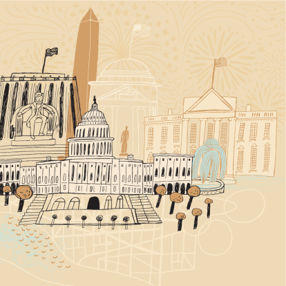 Vector file of hand drawn famous buildings in Washington DC, USA: Jefferson Memorial, Lincoln Memorial, The White House, Washington Monument and statue of Abraham Lincoln, Capitol Building.