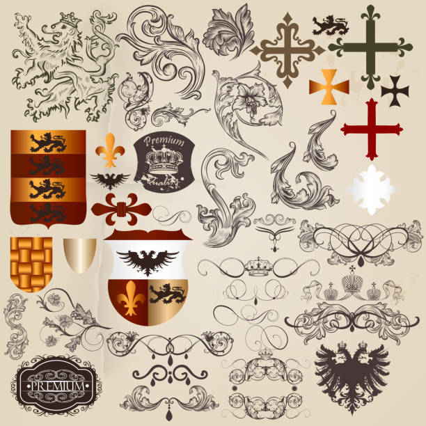 set of vector heraldic элементами в винтажном стиле - coat of arms wreath laurel wreath symbol stock illustrations