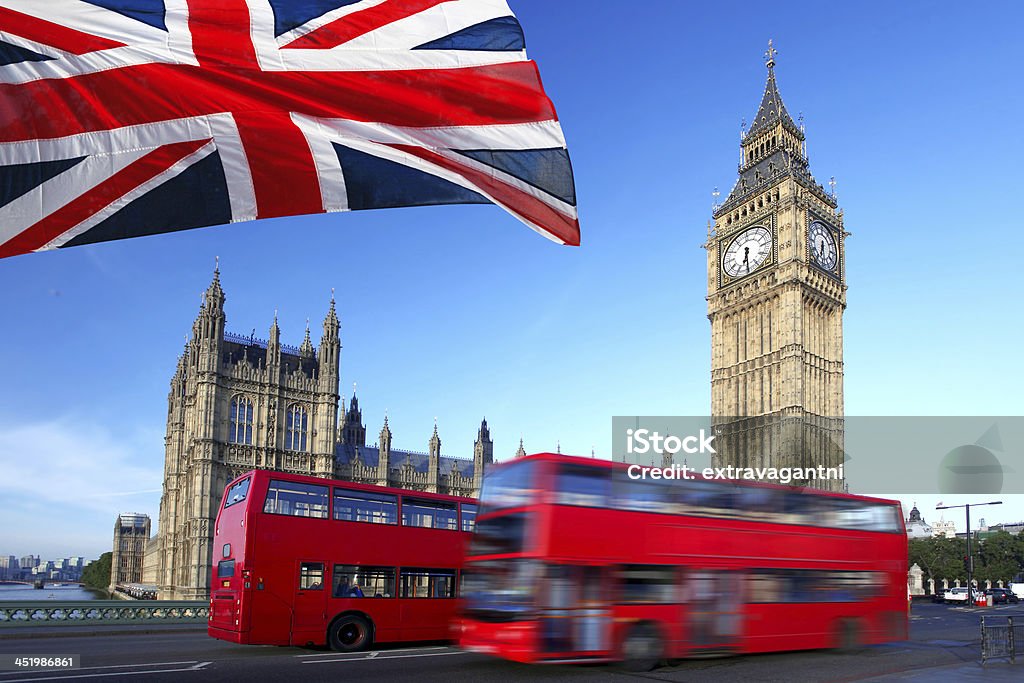 Famous Big Ben with red double-decker in London, UK Big Ben with red double-decker in London, UK Arranging Stock Photo