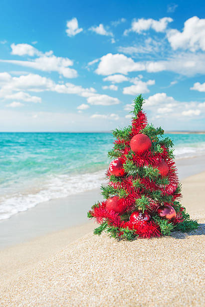 istock Christmas tree with red decorations on the sea beach. 451987213