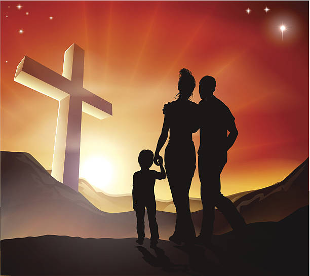 Christian Family Concept A Christian family walking towards a cross in a mountain landscape with sunrise over mountains, Christian lifestyle concept praying child christianity family stock illustrations