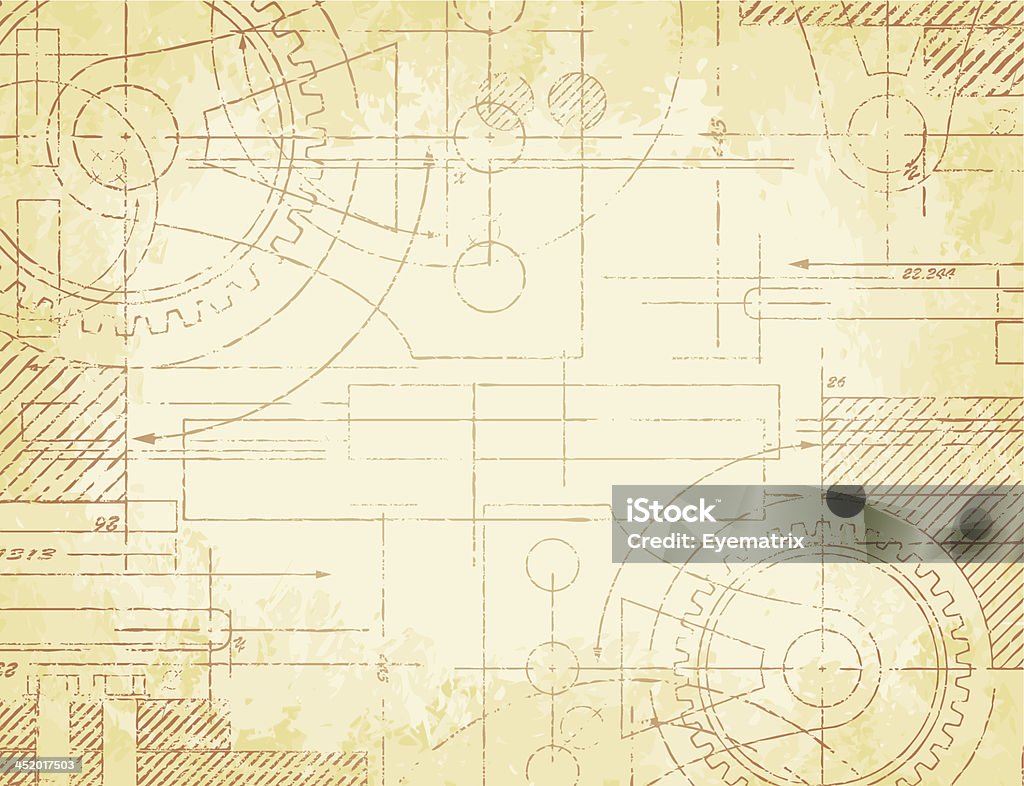 Old Technical Drawing Grungy old technical blueprint illustration on faded paper background Old stock vector