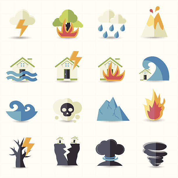 ilustraciones, imágenes clip art, dibujos animados e iconos de stock de catástrofe natural iconos - tornado hurricane storm disaster