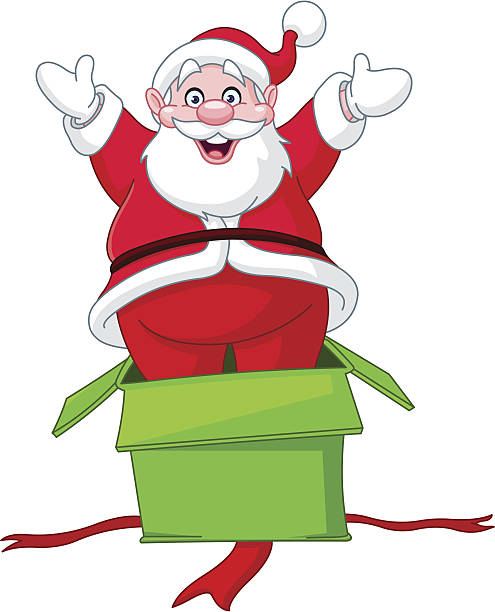 ilustrações, clipart, desenhos animados e ícones de santa saltos de caixa de presente - christmas present senior men surprise gift box