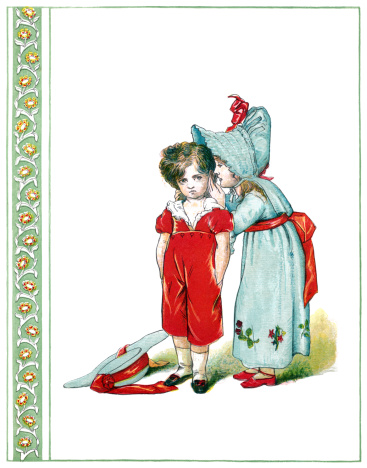 A young Victorian girl in a bonnet whispering into the ear of a small boy who is - probably embarrassingly for him - clothed in a red velvet suit. From “The May Blossom; or The Princess and Her People” illustrated by HH Emmerson, engraved and printed by Dalziel Brothers and published by Frederick Warne & Co, London, in 1881. The book contains illustrated verses “…concerning the Princess Victoria…” who was the daughter of the Prince of Wales, who became King Edward VII in 1901.