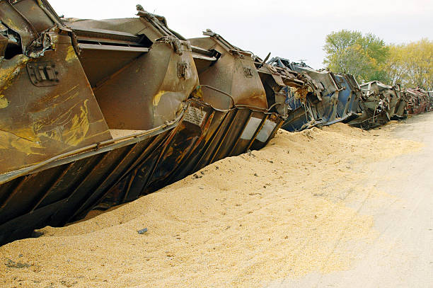 Train derailment and spilled corn in central Iowa Train derailment and damaged boxcars with spilled corn in central Iowa derail stock pictures, royalty-free photos & images