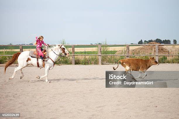 Foto de Menina Andando A Cavalo Praticando Rodeo Roping Um Novilho e mais fotos de stock de Cavalo - Família do cavalo