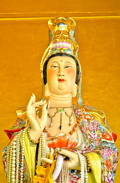 kuan yin statue on yellow background