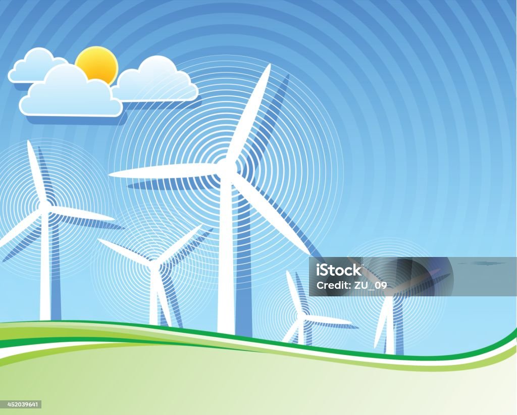 Wind turbines - alternative energy for a better climate Wind turbines, alternative energy. Download contains EPS 8, AI 8, AI CS5, PDF, JPEG (7693 x 6179px). All elements in separate layers and grouped. Landscape - Scenery stock vector