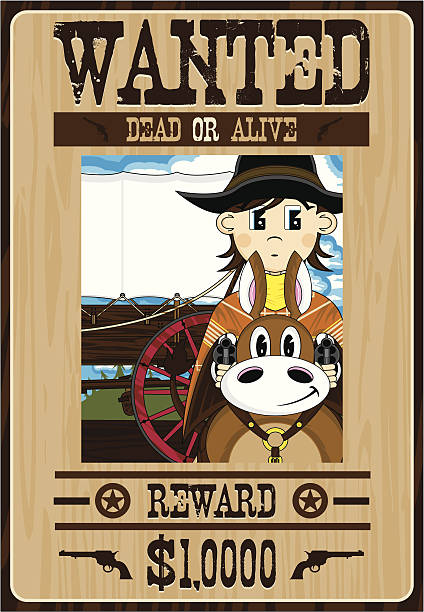 illustrazioni stock, clip art, cartoni animati e icone di tendenza di cowboy su cavallo poster outlaw - wanted poster wild west poster law